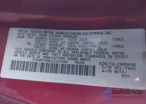 2003 Toyota Tacoma из США, поврежденный, VIN 5TEWM72N63Z222093